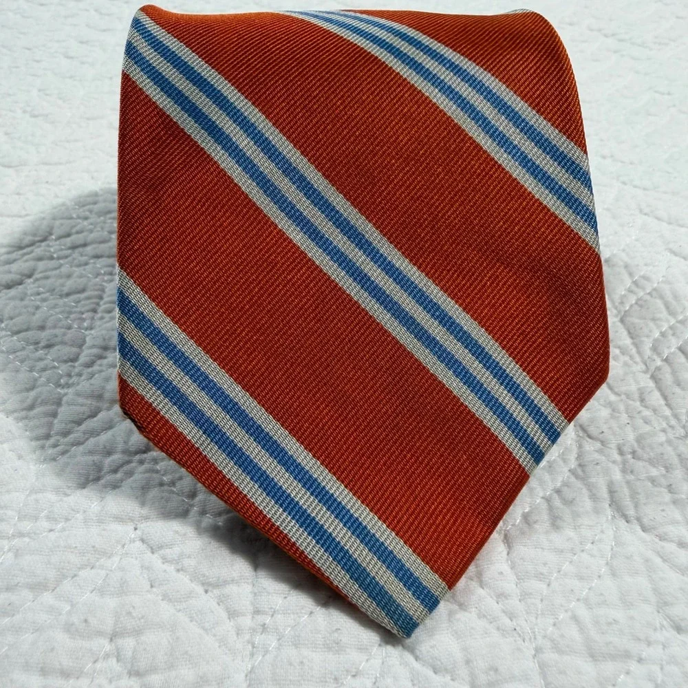 VTG Brooks Brothers Makers Men Necktie Repp Stripe Silk Orange Blue USA 60